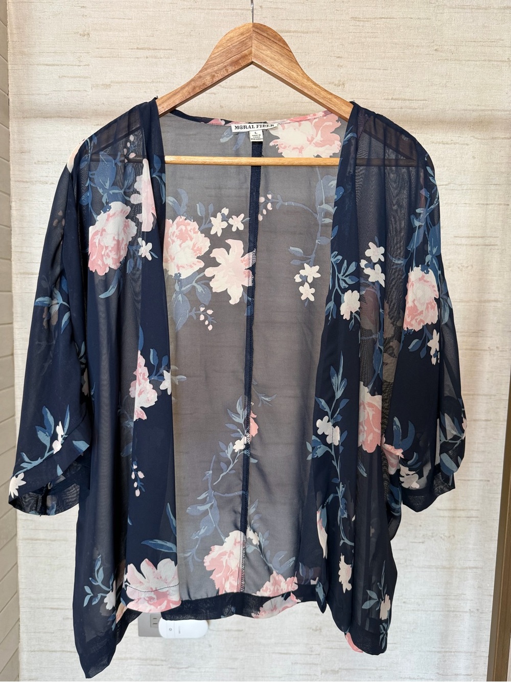 Moral Fiber Navy Sheer Floral Kimono with Pink Blossoms